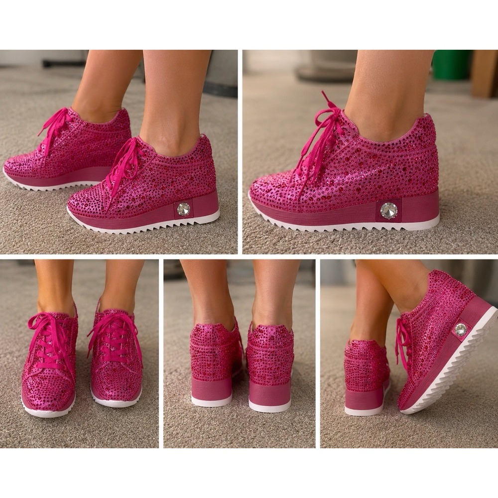Womens 9 Hot Pink Rhinestone Hidden Wedge Sneakers Crystal Bling Shoes Barbie